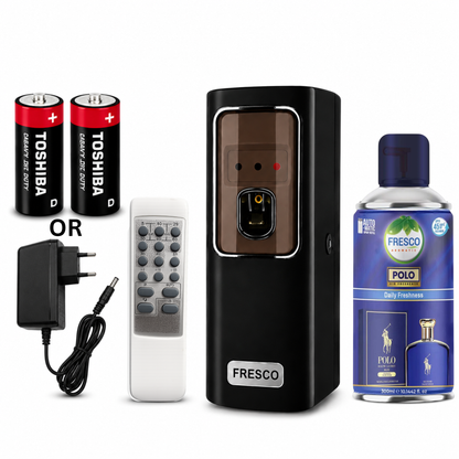 Fresco 2 in 1 Black Automatic Air Freshener Dispenser with Remote, Adapter & Refill – Dual Power Spray Machine