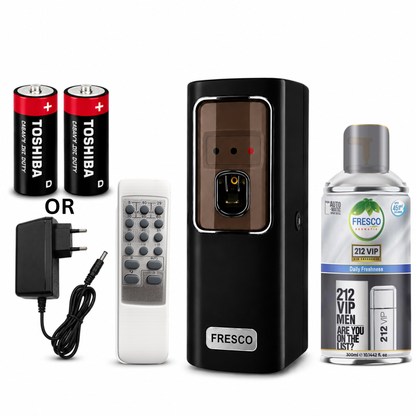 Fresco 2 in 1 Black Automatic Air Freshener Dispenser with Remote, Adapter & Refill – Dual Power Spray Machine