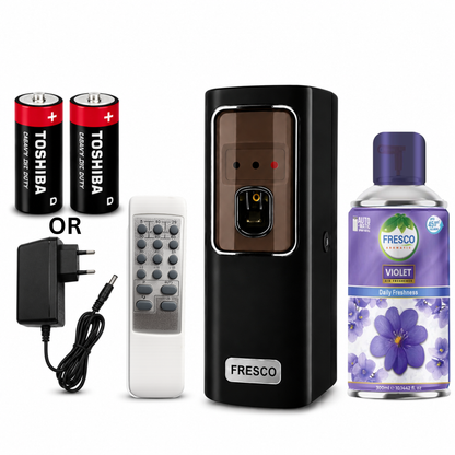 Fresco 2 in 1 Black Automatic Air Freshener Dispenser with Remote, Adapter & Refill – Dual Power Spray Machine