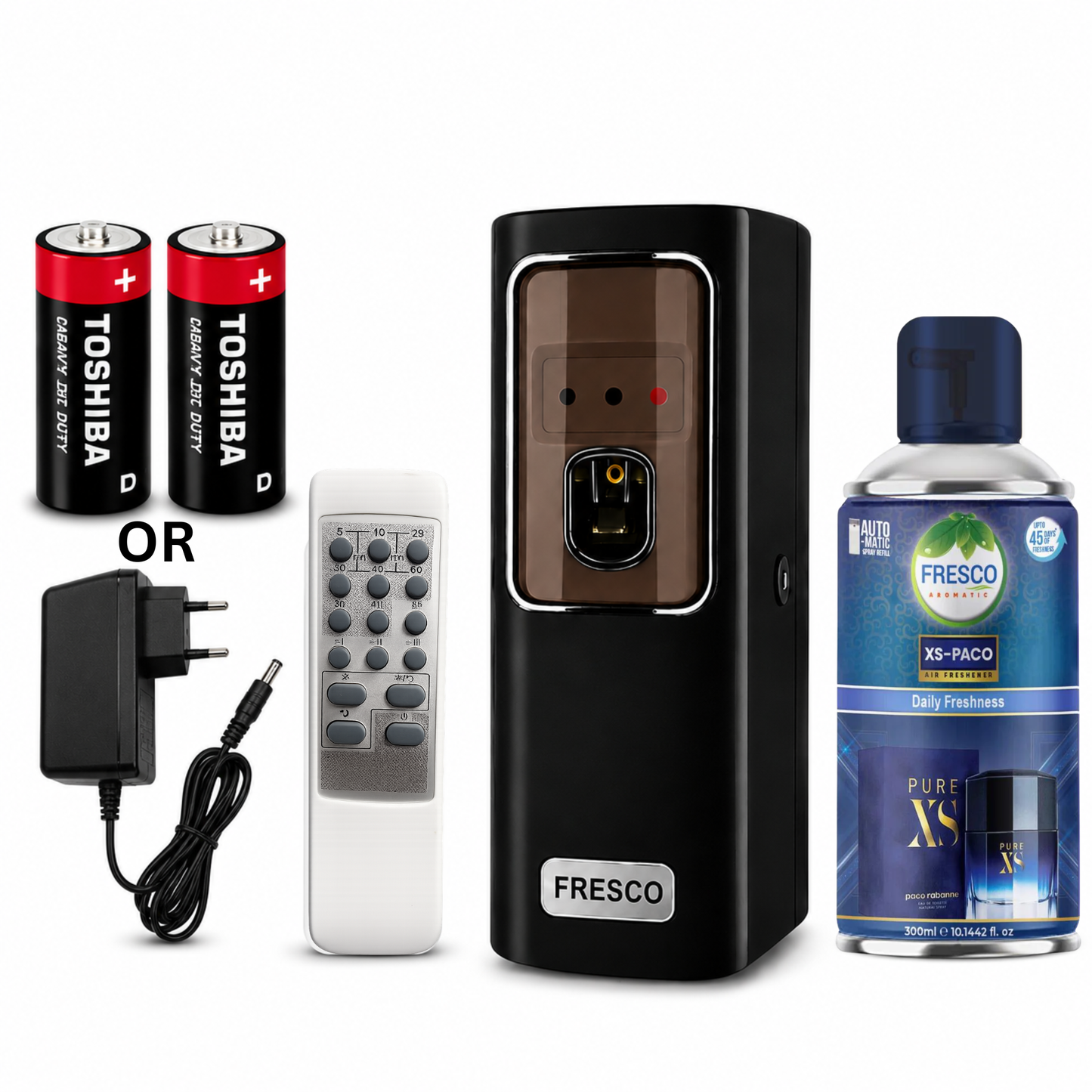 Fresco 2 in 1 Black Automatic Air Freshener Dispenser with Remote, Adapter & Refill – Dual Power Spray Machine