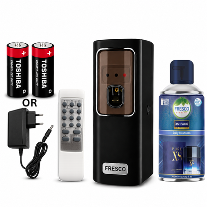 Fresco 2 in 1 Black Automatic Air Freshener Dispenser with Remote, Adapter & Refill – Dual Power Spray Machine
